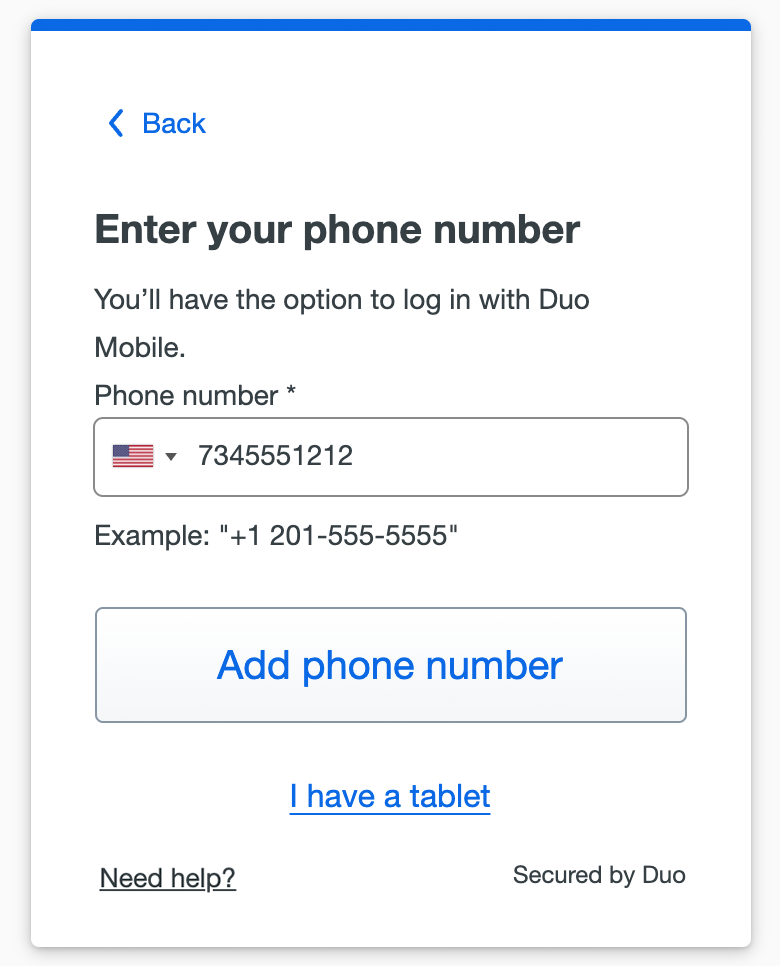 Enter Phone Number for Duo Mobile