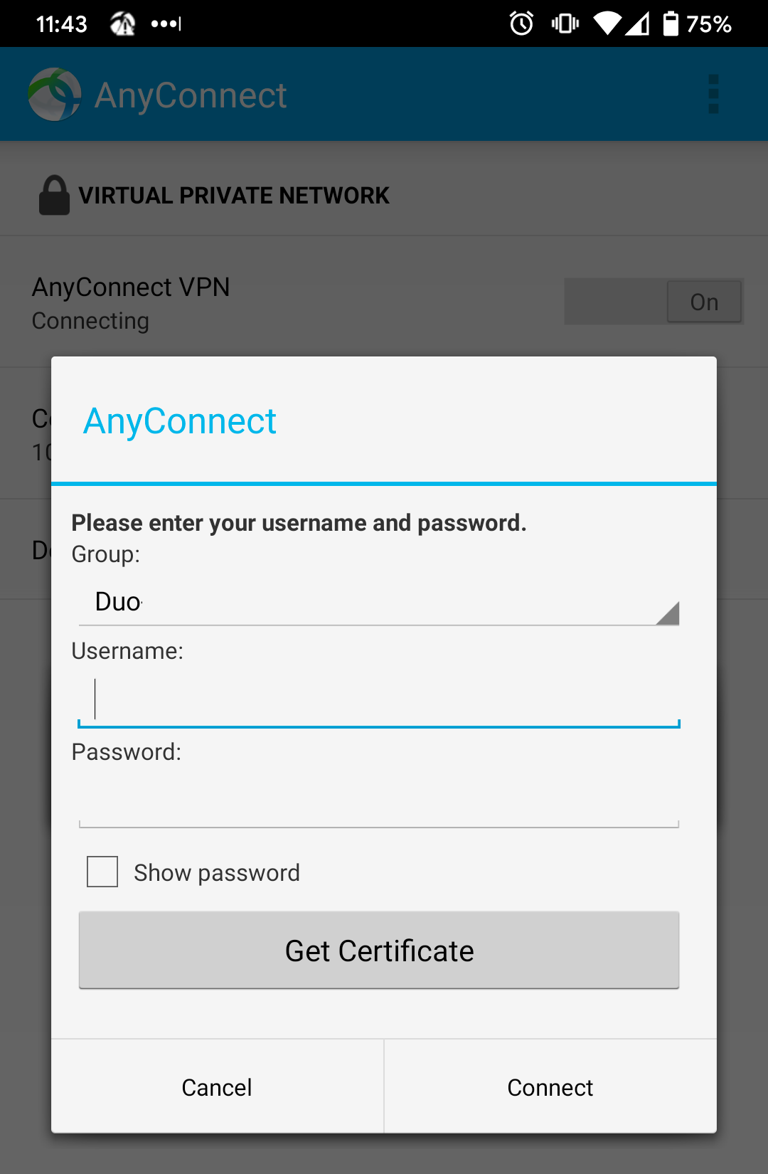 AnyConnect Mobile Client with Single Password