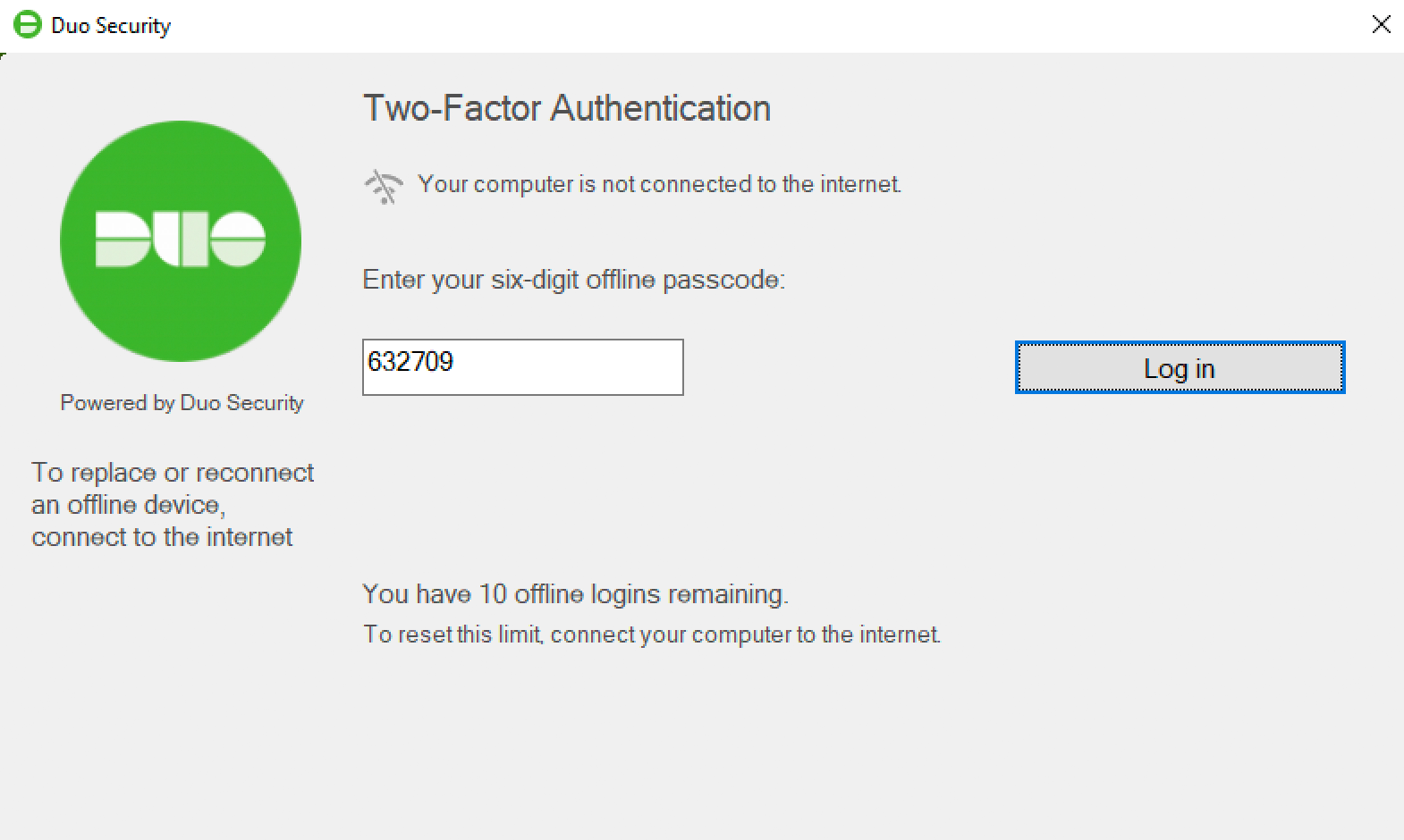 Duo Offline Authentication with Duo Mobile Passcode
