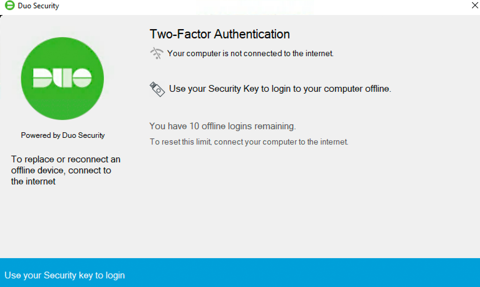 Duo Offline Authentication with Security Key